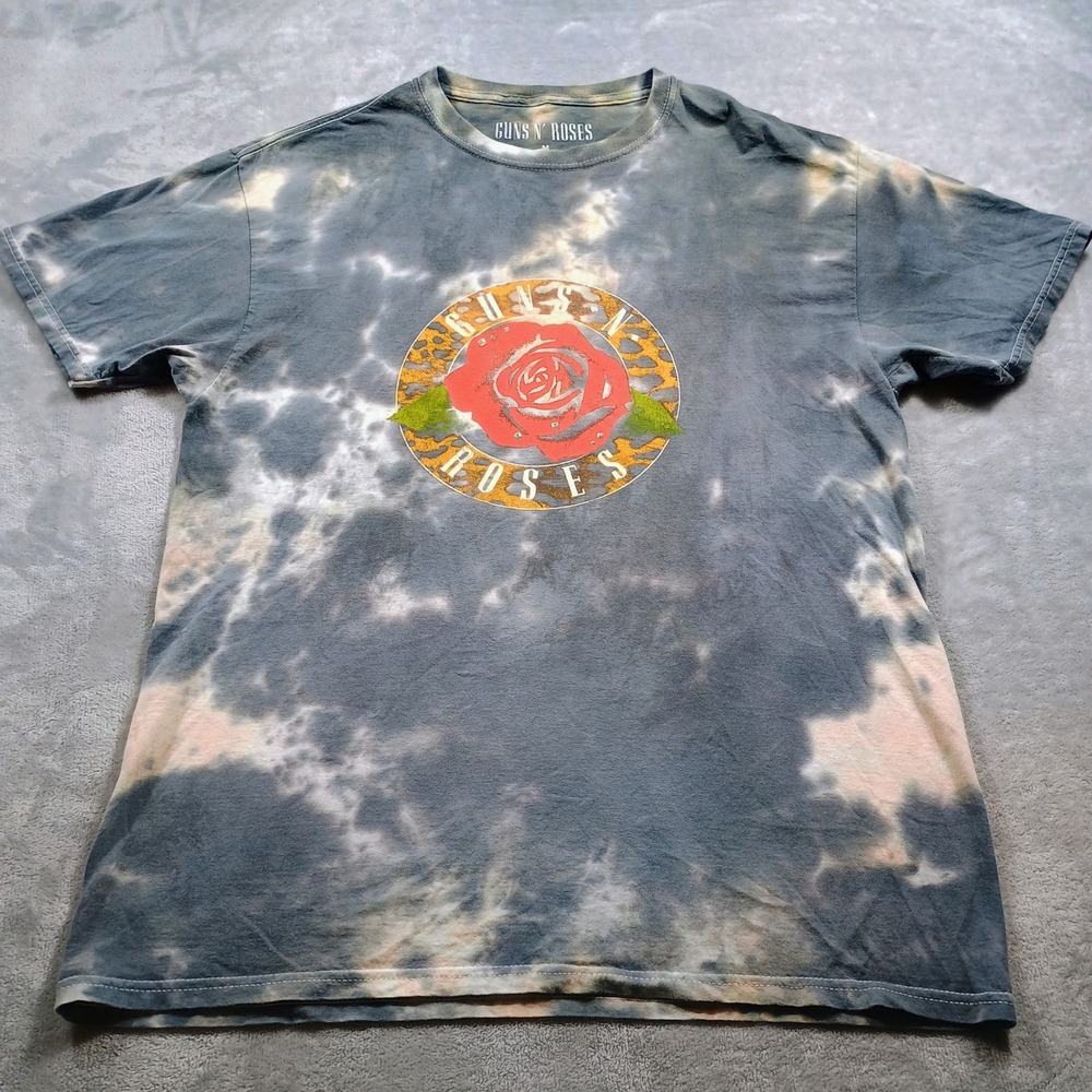 Guns‎ N' Roses Men's Graphic Tee Blue Tie Dye Medium Leopard Rose Logo